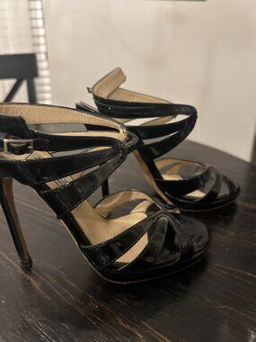 Jimmy Choo Black Patent Leather Strappy Heels, Size 37.5 (7.5)